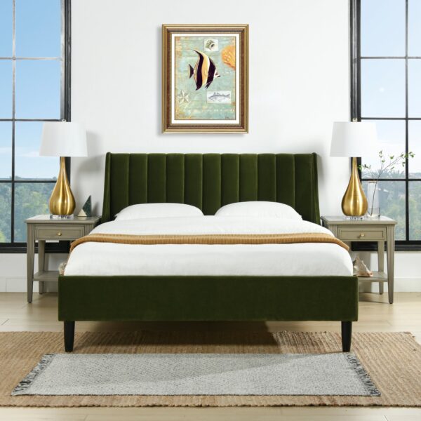Aspen - Queen Vertical Tufted Modern Headboard Platform Bed Set - Olive Green
