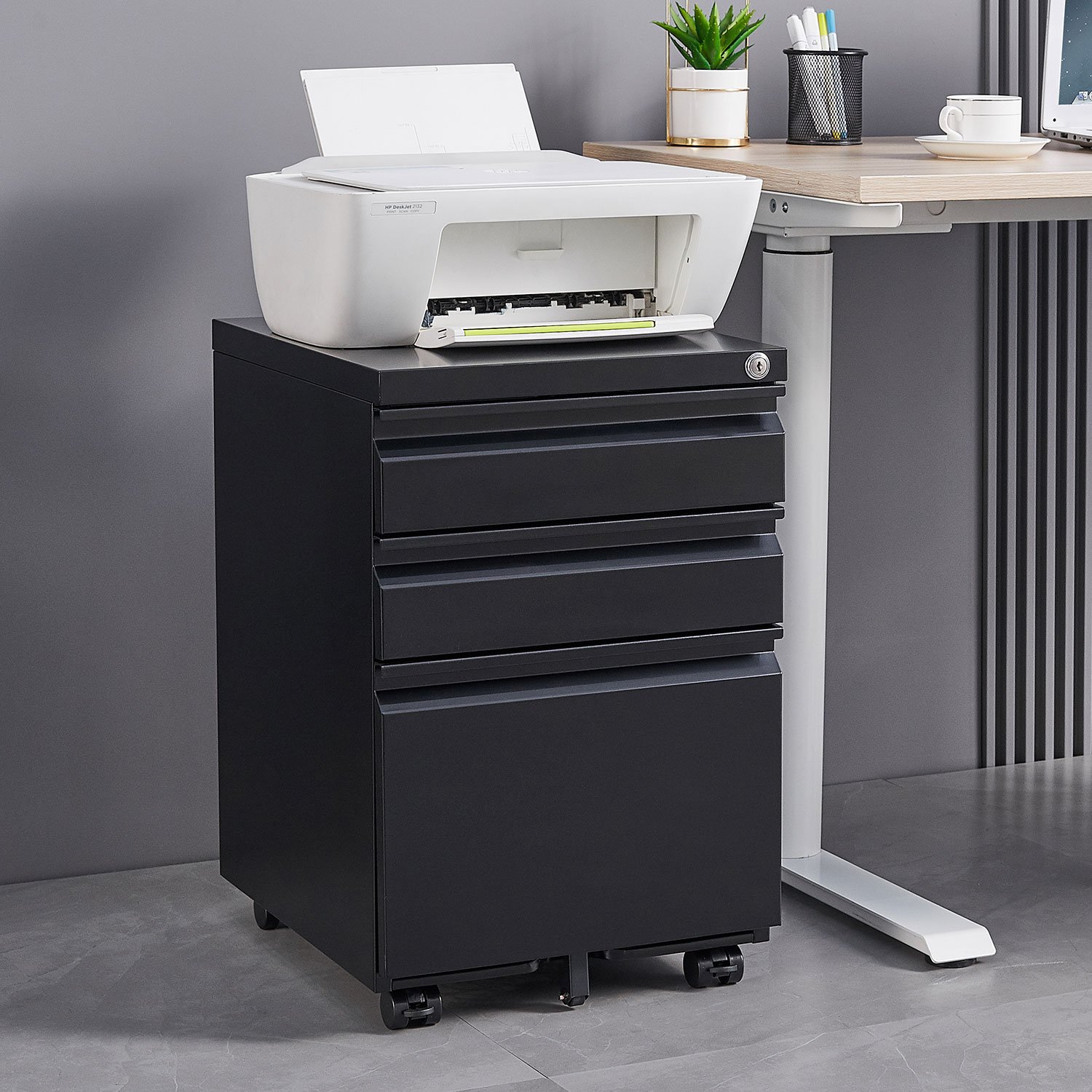 Contemporary 3 Drawer Mobile Filing Cabinet With Lock, Metal Office Storage For Legal / Letter Size - Black - Image 2