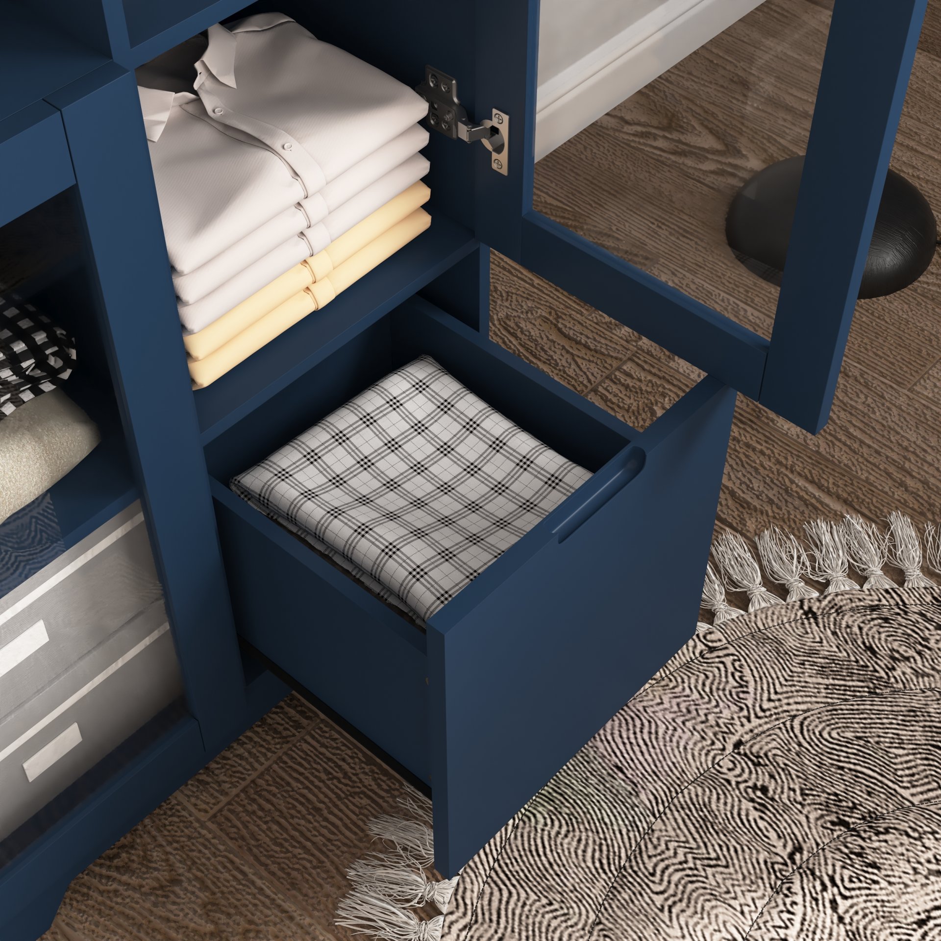 Painted Cabinet With Glass Doors, Drawer, And Open Storage Space For Bedroom And Living Room - Navy Blue - Image 9
