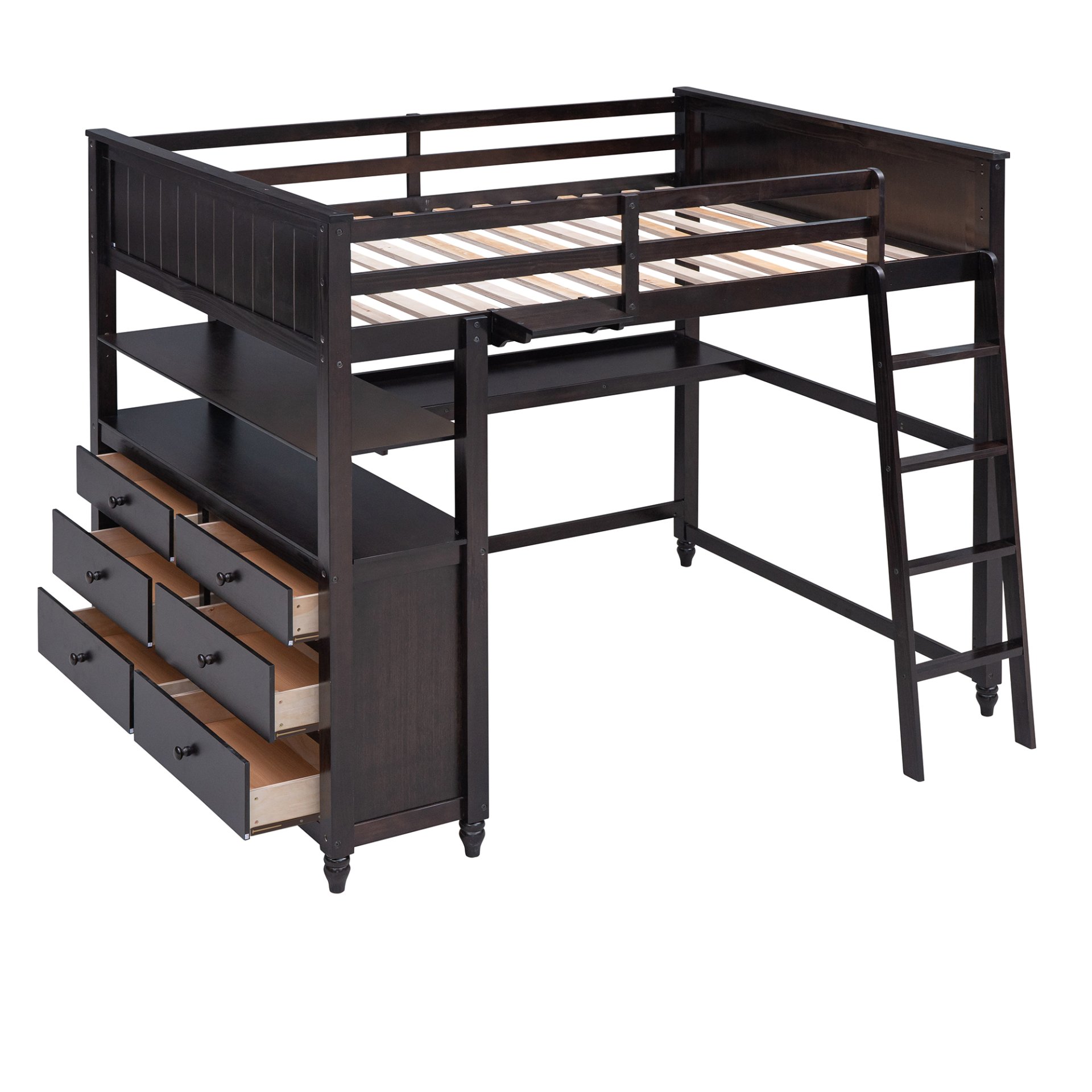 Full Size Loft Bed With Drawers And Desk With Shelves - Espresso - Image 6