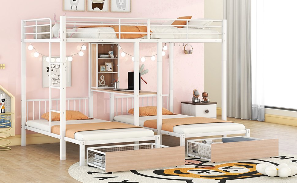 Full Over Twin & Twin Triple Bunk Bed With Drawers, Multi-Functional Frame With Desks And Shelves In The Middle - White - Image 15