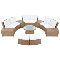 10 Piece Outdoor Sectional Half Round Patio Rattan Sofa Set, Wicker Conversation Furniture Set For Free Combination - White