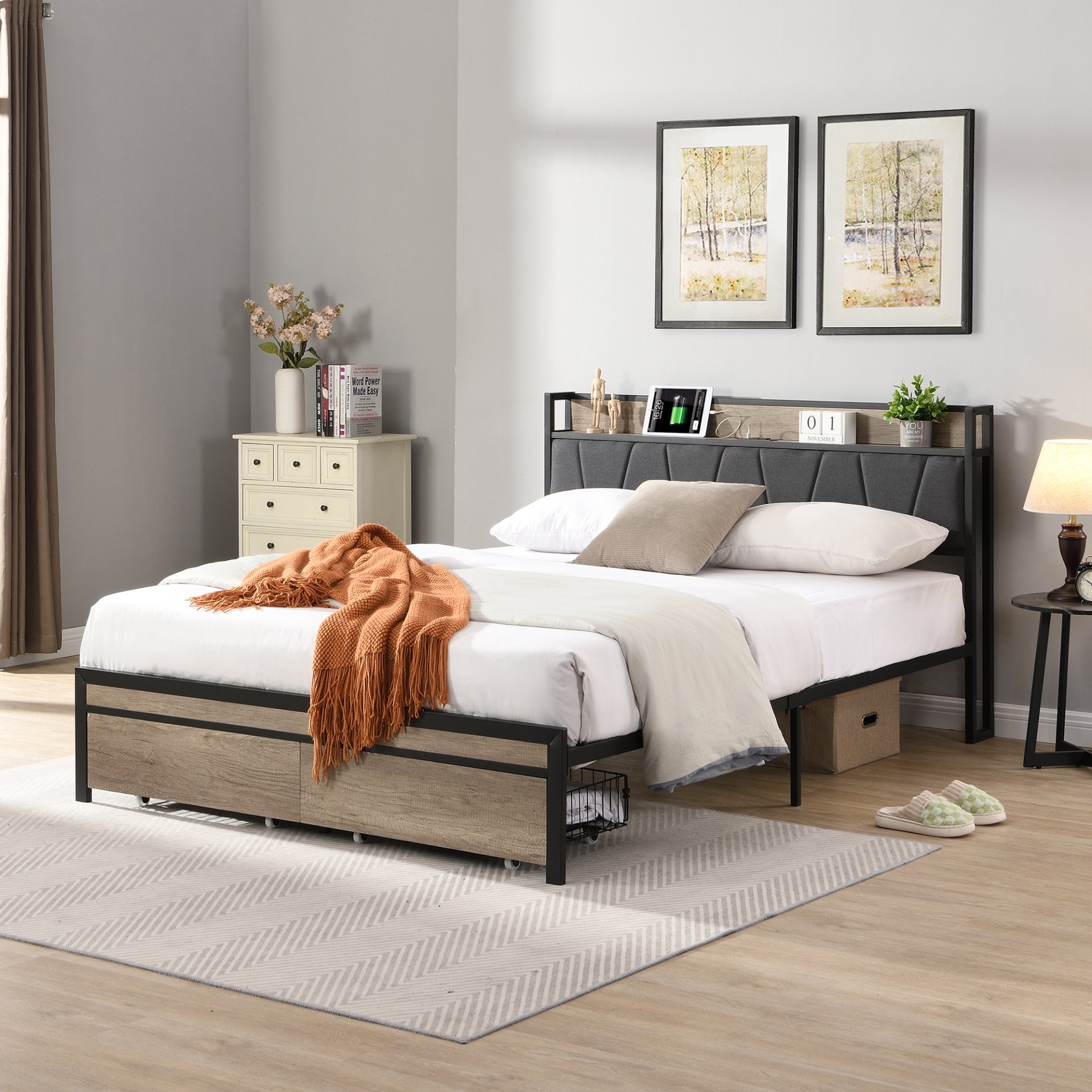 Modern Full Size Metal Platform Bed Frame With Upholstery Storage Headboard USB Liner & Footboard Drawers & - Black / Gray - Image 4