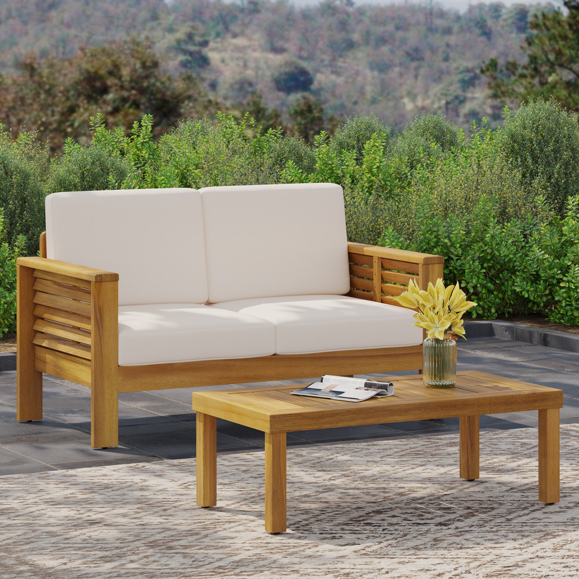 Outdoor Wooden Set With Loveseat, Coffee Table And Water Resistant Cushions - Teak / Cream - Image 2