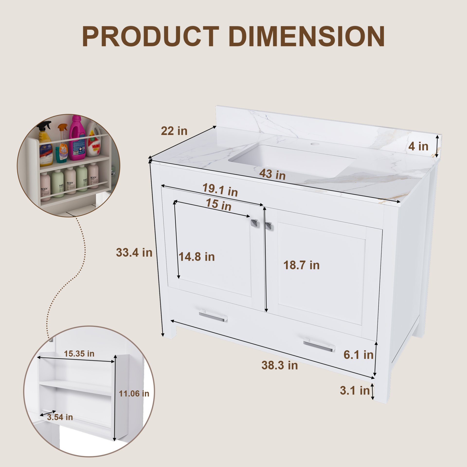 43" Bathroom Vanity, Multi Functional Cabinet With Doors And Drawer - White - Image 8