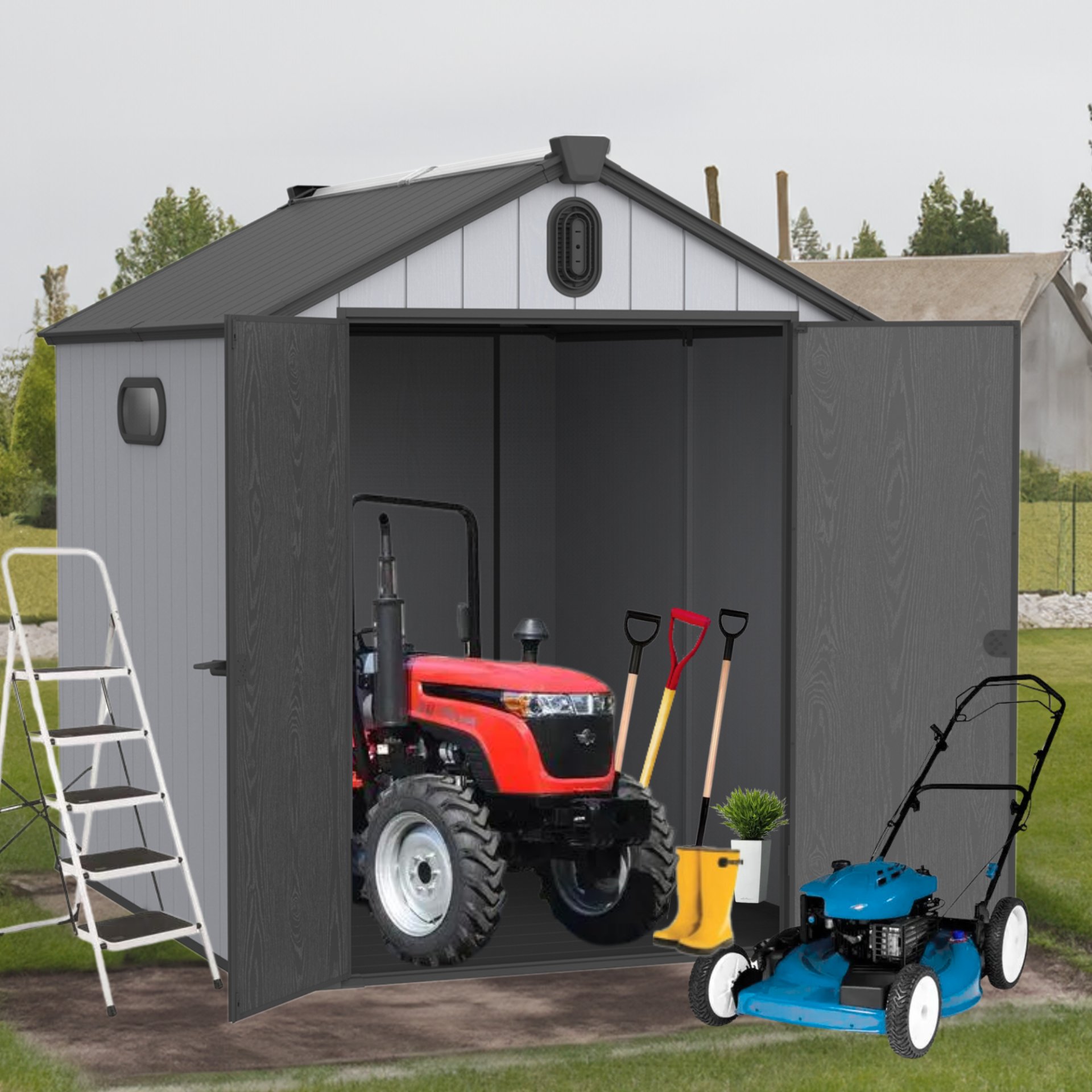 Modern Resin Plastic Storage Shed 6X8Ft For Backyard Garden Tool Storage - Black / Gray - Image 2