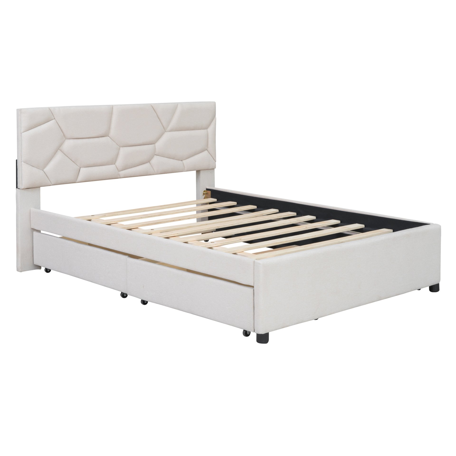 Full Size Upholstered Platform Bed With Brick Pattern Headboard, With Twin Size Trundle And 2 Drawers - Beige - Image 4
