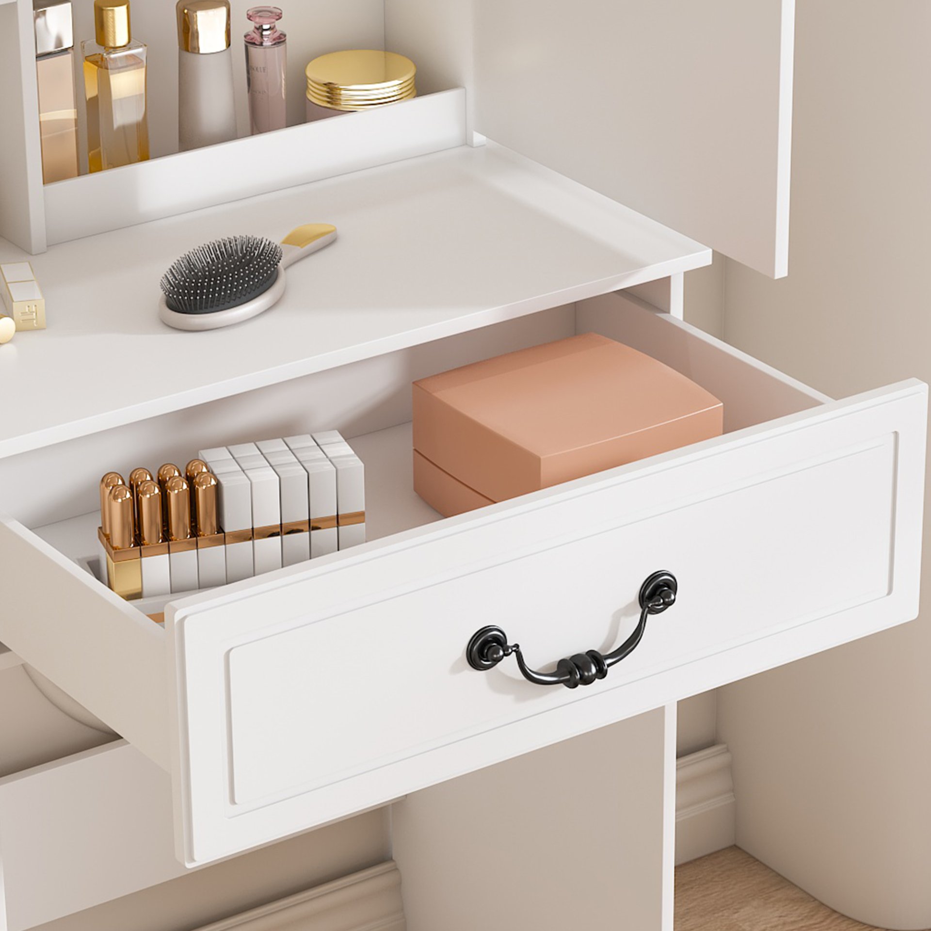Modern Mini Dressing Table With Led-Lit Mirror & Hidden Storage, Adjustable Brightness Vanity Desk - White - Image 7