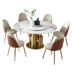 Round Stone Burning Table, Modern Marble Dining Table With 6 Chairs - Gold / White