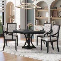 5 Piece Dining Set Retro Extendable Round Table And 4 Chairs For Kitchen Dining Room - Black