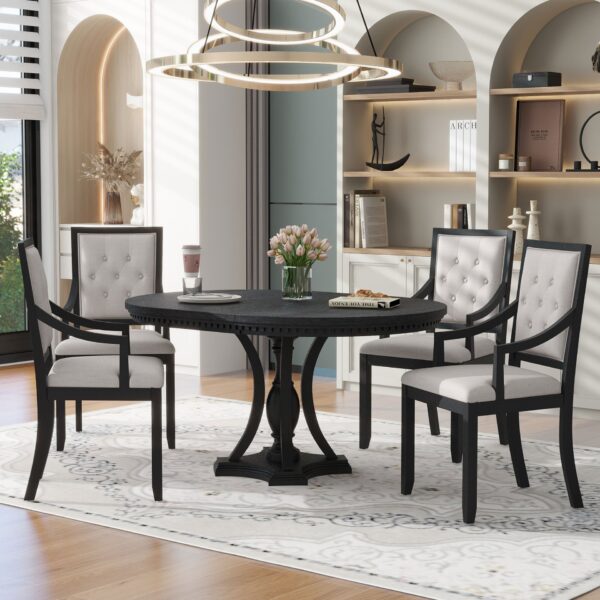 5 Piece Dining Set Retro Extendable Round Table And 4 Chairs For Kitchen Dining Room - Black