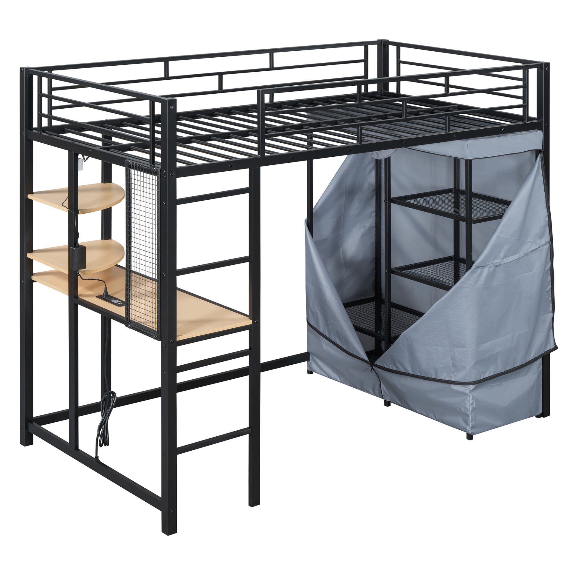 Twin Size Loft Bed With Desk, Shelves, Power Outlet, LED Light And Wardrobe - Black - Image 11