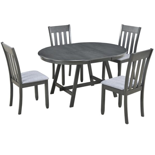 Modern Farmhouse 5 Piece Wood Dining Table Set With Extendable Round Table And 4 Chairs - Gray