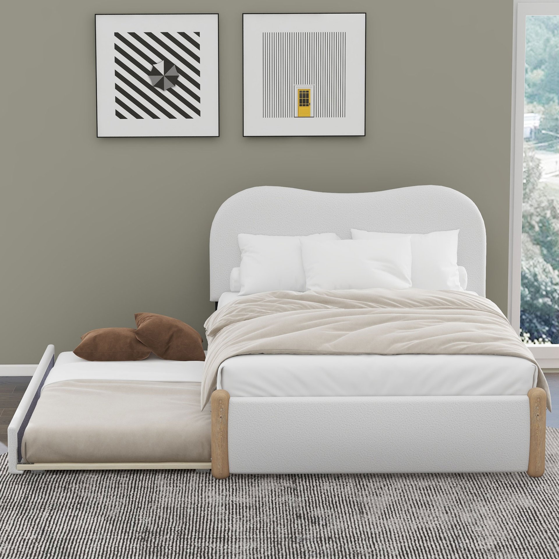 Full Size Upholstered Platform Bed With Wood Supporting Feet And Twin Size Trundle - White - Image 4