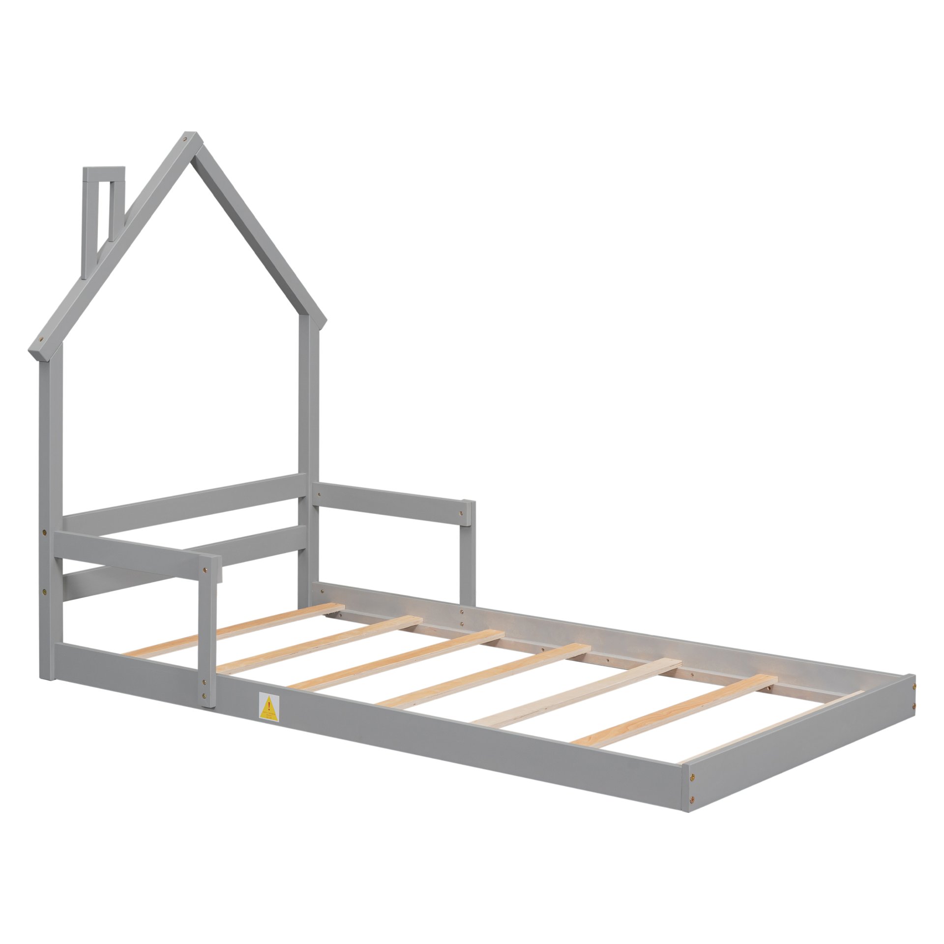 Twin House-Shaped Headboard Floor Bed With Handrails, Slats - Gray - Image 9