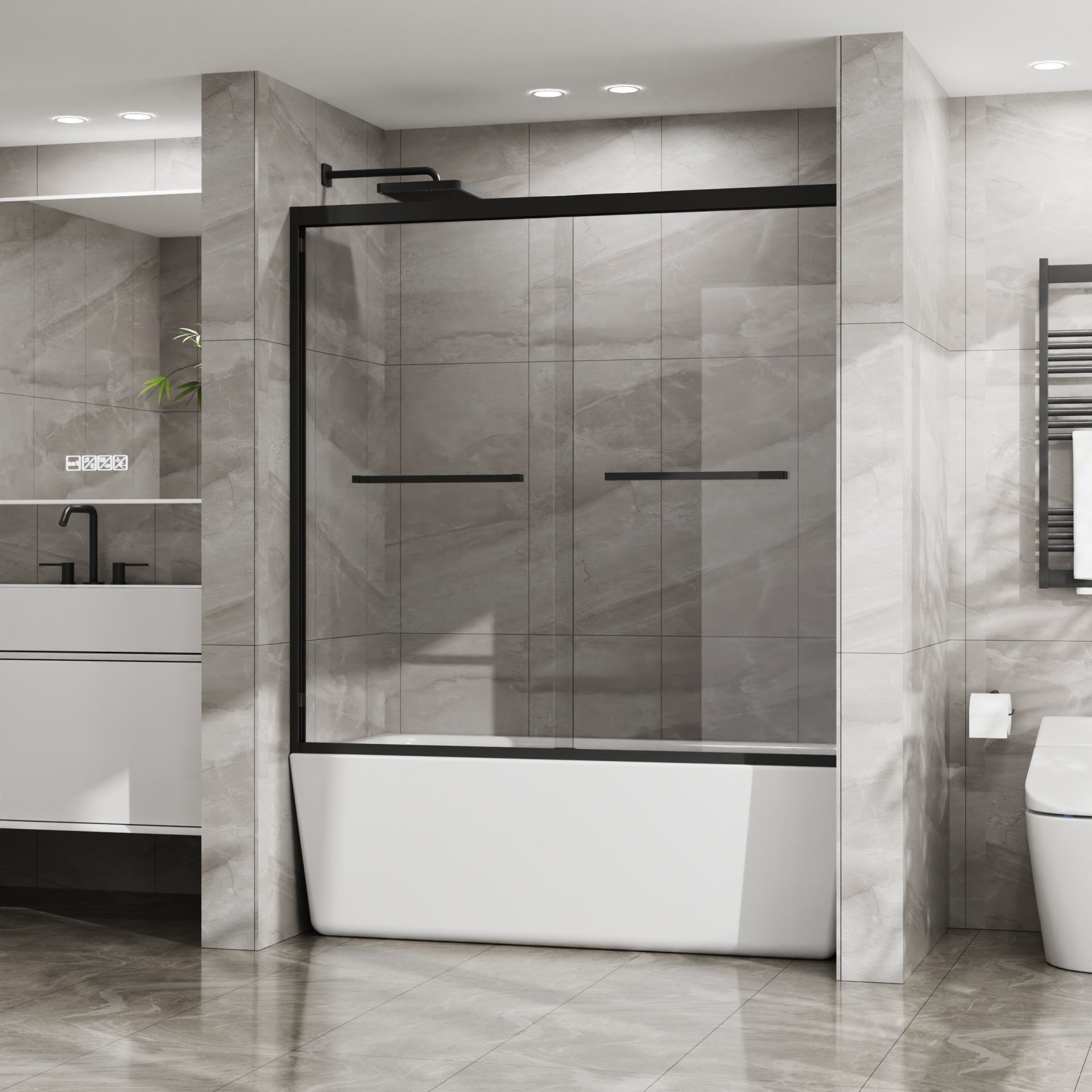 Double Sliding Bathtub Shower Door With Sgcc Clear Tempered Glass - Matte Black - Image 4