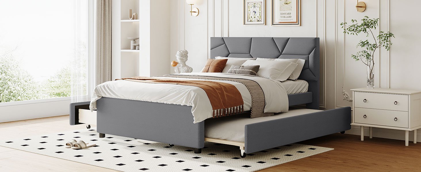 Full Size Upholstered Platform Bed With Brick Pattern Headboard, With Twin Size Trundle And 2 Drawers - Gray - Image 17
