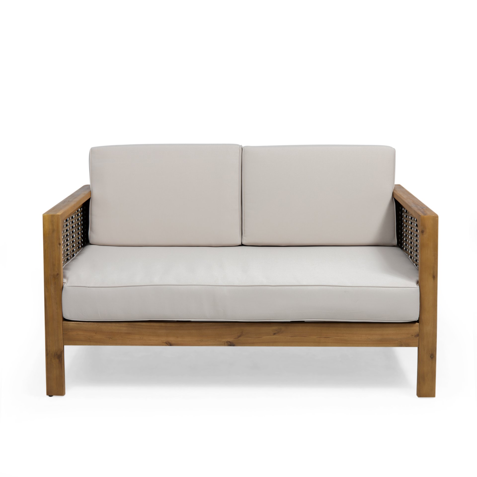 Outdoor 4 Seater Acacia Wood Chat Set With Wicker Accents And Cushions - Teak / Mixed Brown / Beige - Image 8