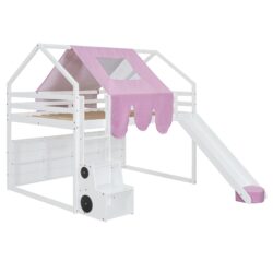 Full Size Loft Bed With House Shaped Frame And Tent - White / Pink