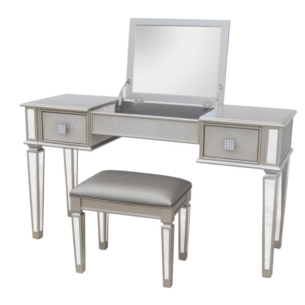 Mirrored Vanity Desk With Drawers And Stool, Flip Up Dressing Table Set For Makeup Room, And Glass Construction - Silver