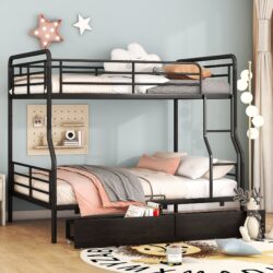 Full Long Over Queen Bunk Bed With 2 Drawers - Black