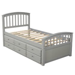 Twin Size Platform Storage Bed Solid Wood Bed With 6 Drawers - Gray