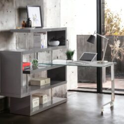 Buck II - Clear Glass, Chrome High Gloss Writing Desk With Shelf - Gray