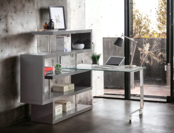 Buck II - Clear Glass, Chrome High Gloss Writing Desk With Shelf - Gray
