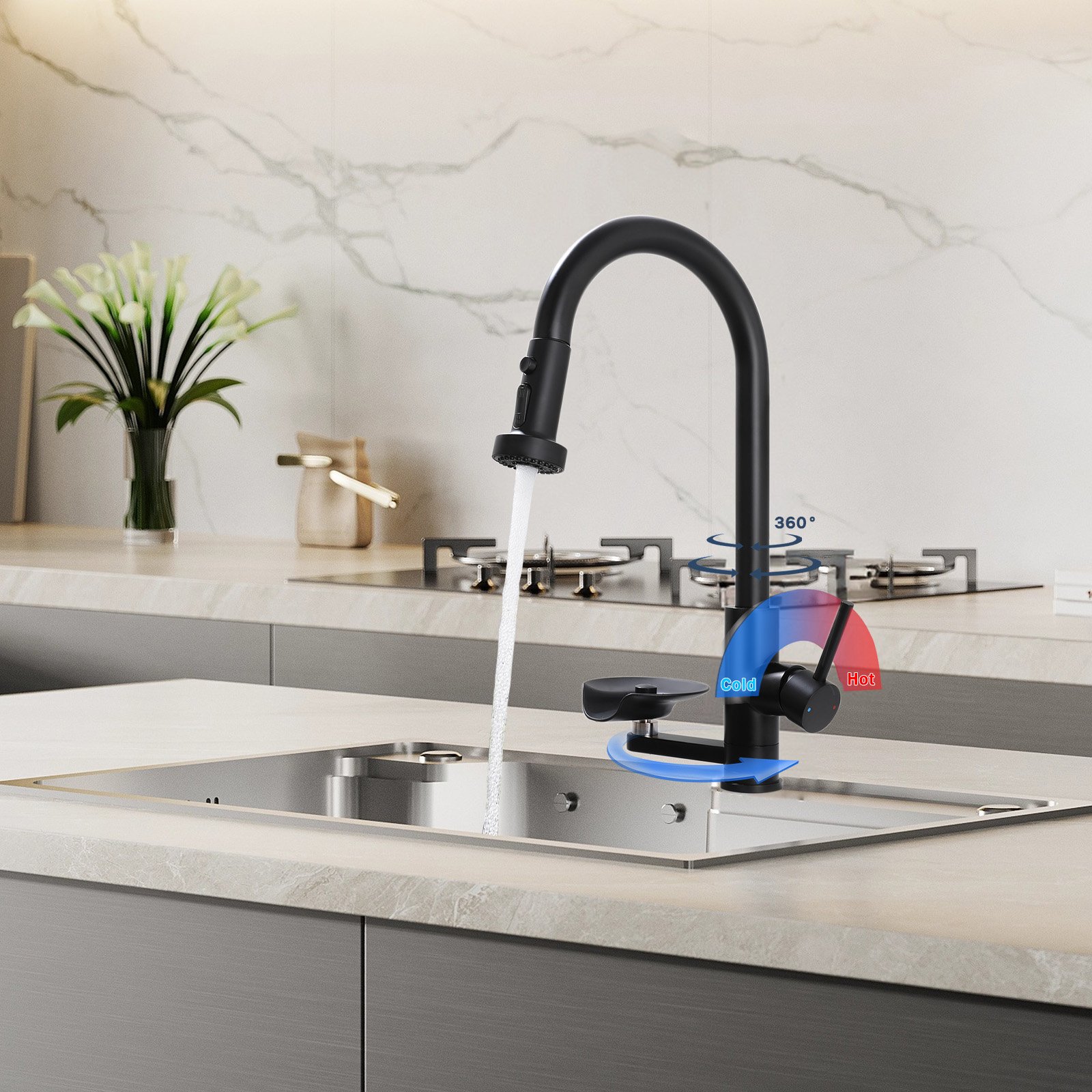 3 In 1 Kitchen Faucet With Press Type Glass Rinser, High Arc Pull Down Sprayer, 3 Function Spray Mode - Matte Black - Image 7