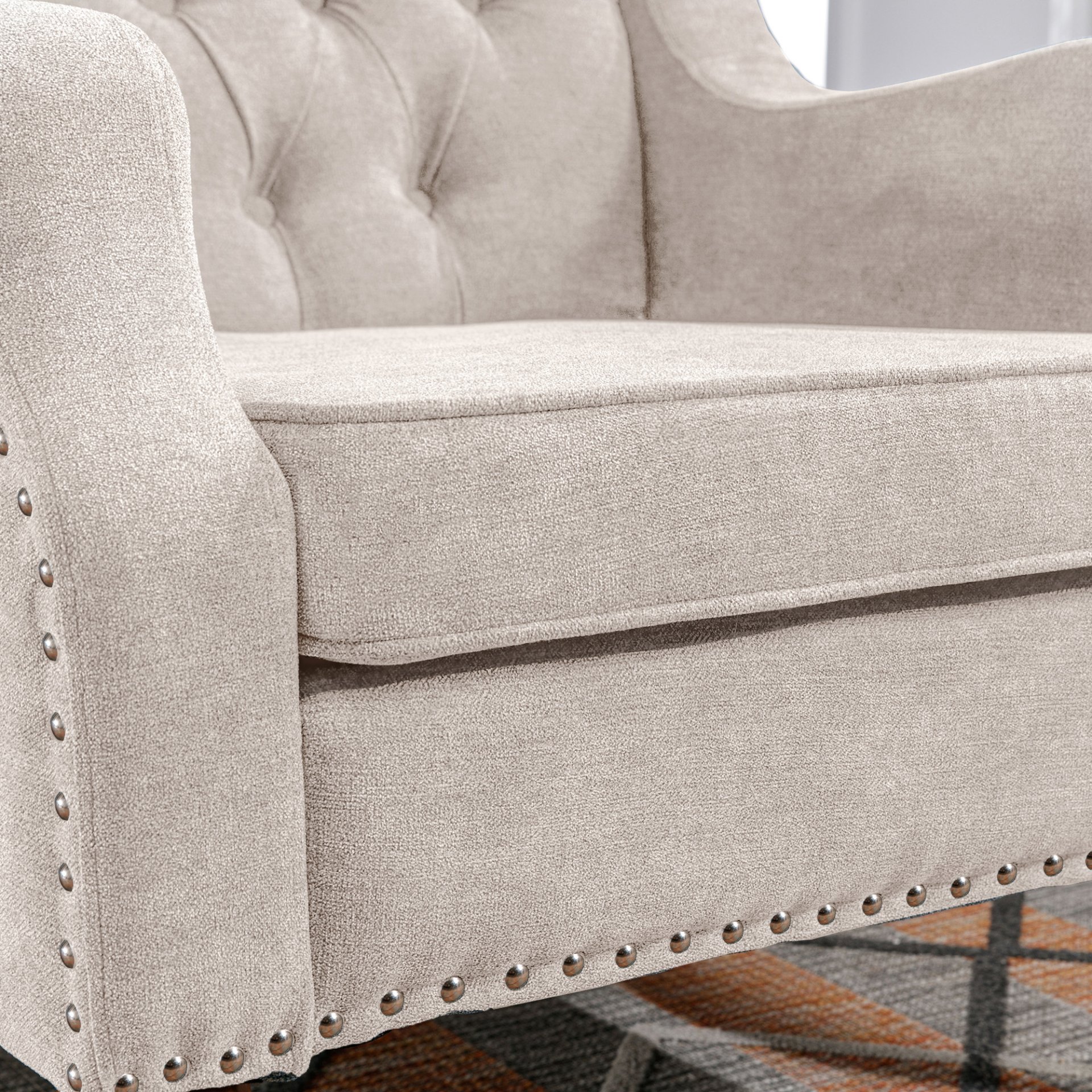 Accent Chair, Living Room Chair, Footrest Chair Set With Vintage Brass Studs, Button Tufted Upholstered Armchair For Living Room, Comfy Reading Chair For Bedroom, Reception Room - Beige - Image 8