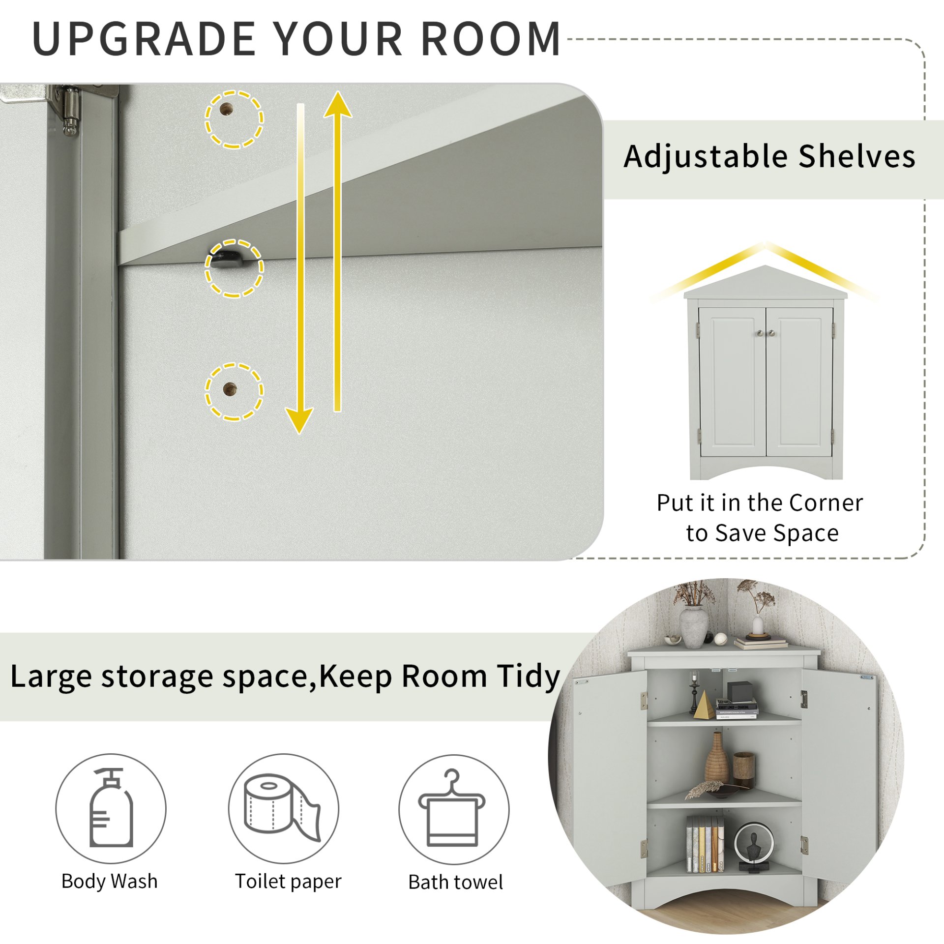 Triangle Bathroom Storage Cabinet With Adjustable Shelves, Freestanding Floor Cabinet For Home Kitchen - Gray - Image 11