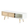 55.12" Rattan TV Cabinet, Double Sliding Doors For Storage, Adjustable Shelf, Solid Wood Legs, TV Console For Living Room - White - Image 9