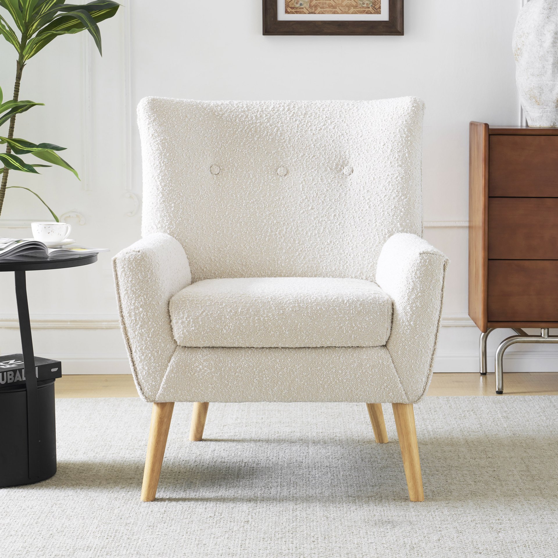 Ergonomic Accent Chair With Button Tufted Design And Rubber Wood Legs - Almond - Image 4