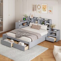 Full Size Platform Bed With Multi Functional Storage Space, Nightstand, 2 Drawers, USB Ports And Desk - Gray