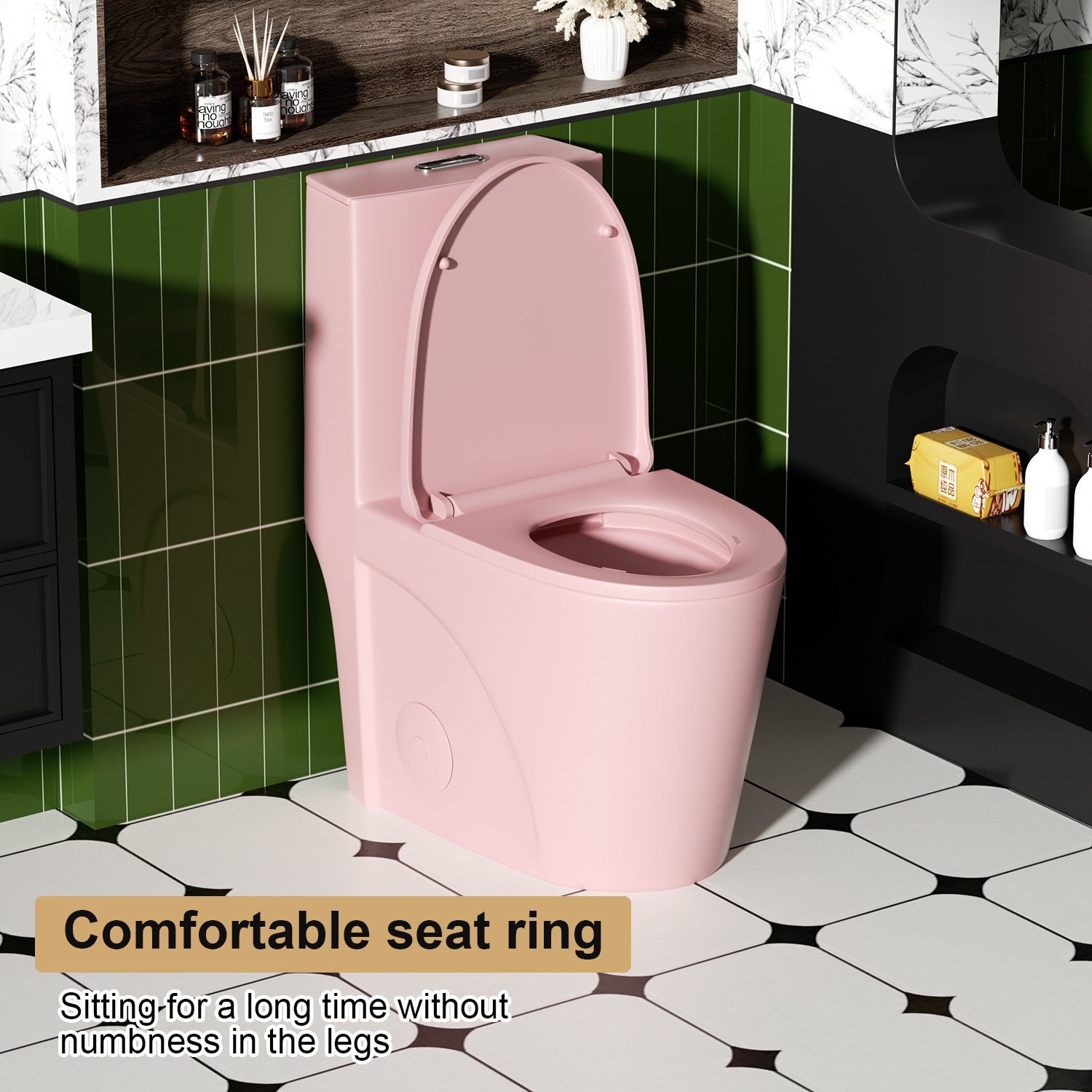 Fan Shaped Design 1 Piece Toilet With Elongated Bowl And Soft Close Seat, Dual Flush 1.1 / 1.6 Gpf - Pink Flower - Image 10