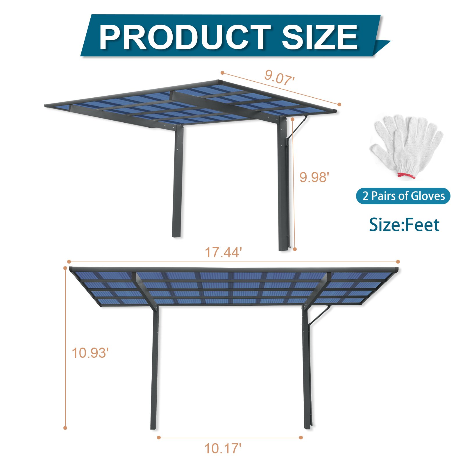 Outdoor Carport, Single Carport Aluminum Metal Frame And Polycarbonate Panels Car Port For Outdoor Driveway Car, Truck - Charcoal - Image 5