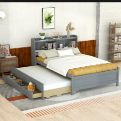 Full Size Bed With USB & Type-C Ports, LED Light, Bookcase Headboard, Trundle And 3 Storage Drawers, Bed With Bookcase Headboard, Trundle And Storage Drawers - Gray