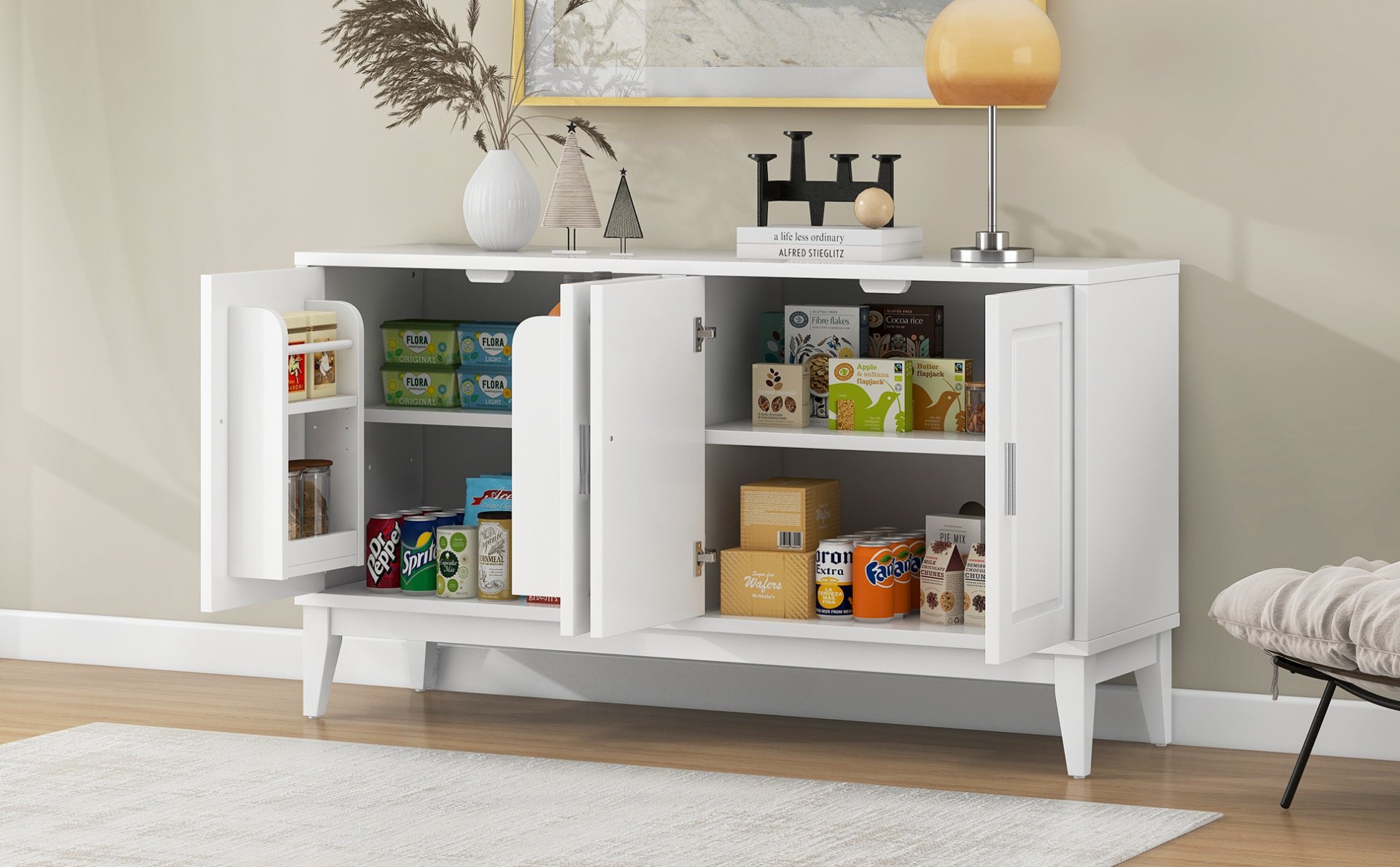 4 Door Sideboard Storage Cabinet With Door Shelf For Living Room And Dining Room, 2 Large Cabinets With Adjustable Shelf - White - Image 26