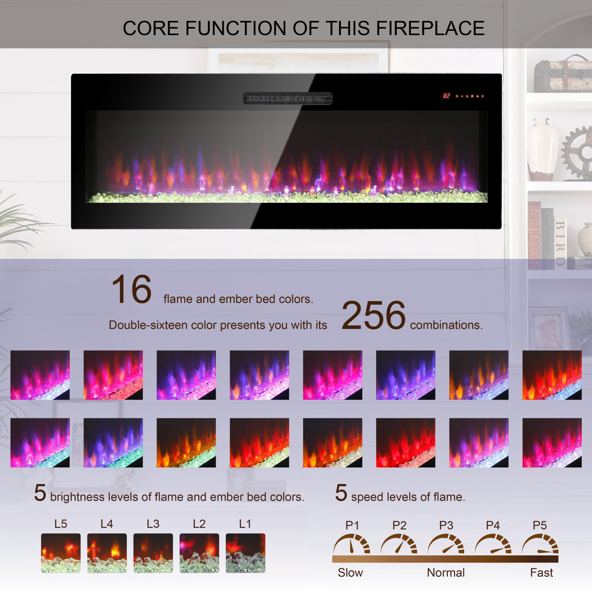 60" Electric Fireplace, Recessed And Wall Mounted Fireplace - Antique Black - Image 5