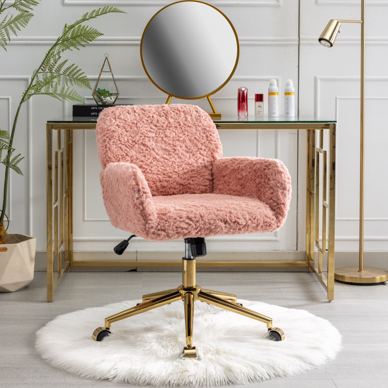 Office Chair, Artificial Rabbit Hair Home Office Chair With Golden Metal Base, Adjustable Desk Chair Swivel Office Chair, Vanity Chair - Pink - Image 16