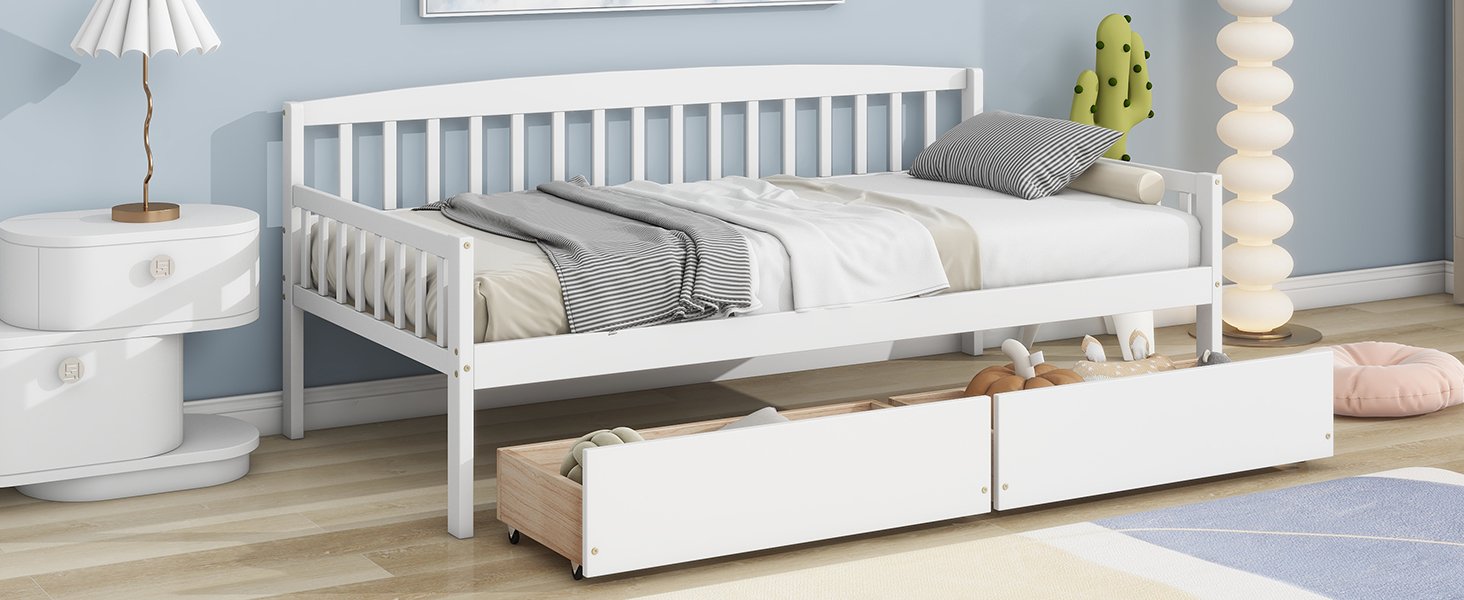 Twin Size Pine Wood Daybed With Two Storage Drawers, Sofa Bed With Bed Platform Of 10 Support Slats - White - Image 7