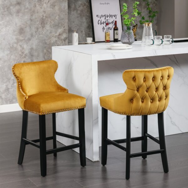 Contemporary Velvet Upholstered Wing-Back Barstools With Button Tufted Decoration And Wooden Legs, And Chrome Nailhead Trim, Leisure Style Bar Chairs, Bar Stools (Set of 2) - Gold