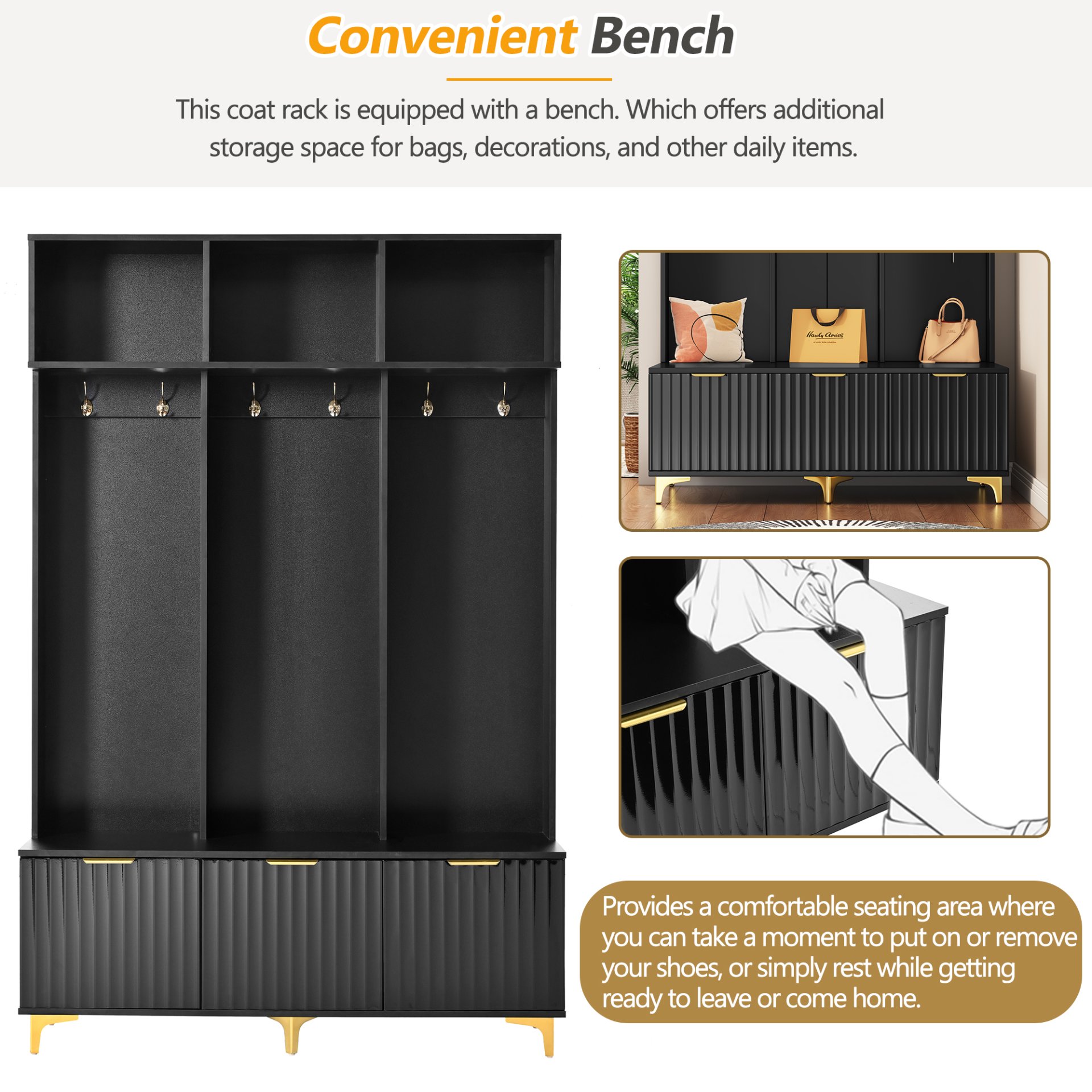 Modern Large Storage Hall Tree With Bench, Luxurious Coat Rack With 6 Hooks And Legs For Entryway, Living Room - Black / Gold - Image 7