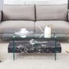 Modern 2 Tier Coffee Table Clear Tempered Glass Top With Marble Texture & Multifunctional Storage Design - Black / Transparent - Image 5