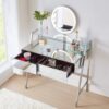 33.9" Mirrored Makeup Vanity Desk With Mirror And Lights, Mirrored Console Vanity Table With 2 Big Drawers & Open Shelf, Dressing Table With Charging Station For Bedroom - Silver - Image 4