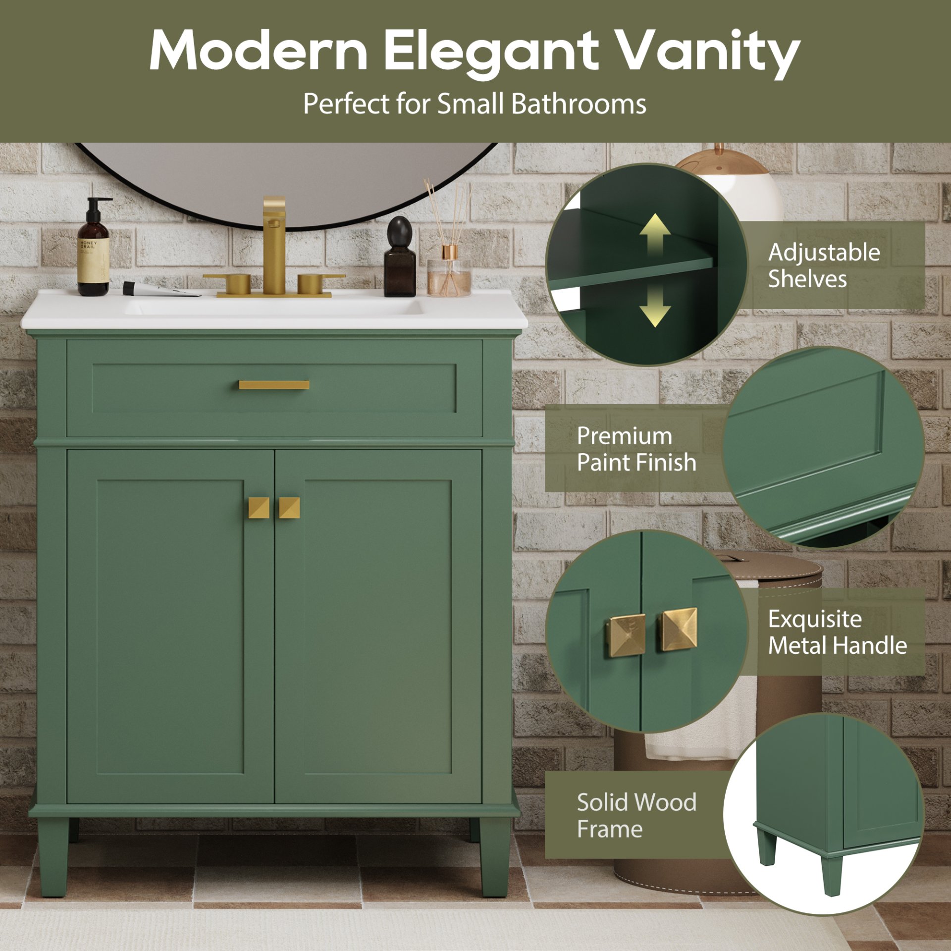 Bathroom Vanity With Ceramic Basin, Soft Close Door And Adjustable Shelves - Green - Image 7