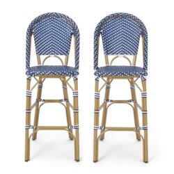 Outdoor Rattan French Barstool Set,, Bamboo, Seat Height - Teal Blue / White