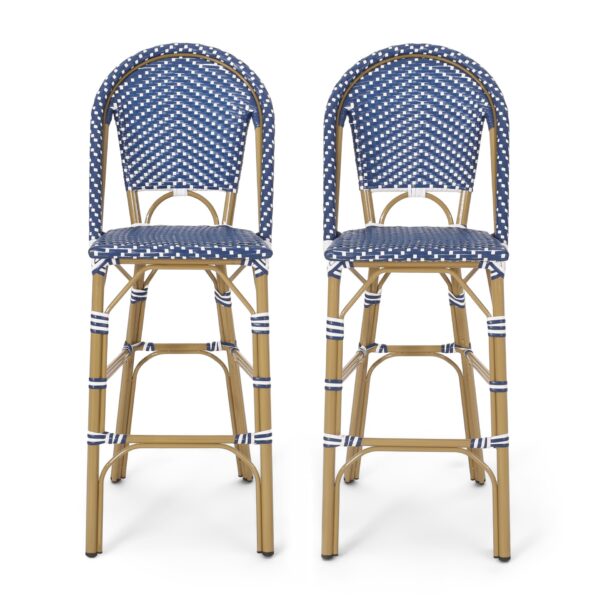 Outdoor Rattan French Barstool Set,, Bamboo, Seat Height - Teal Blue / White