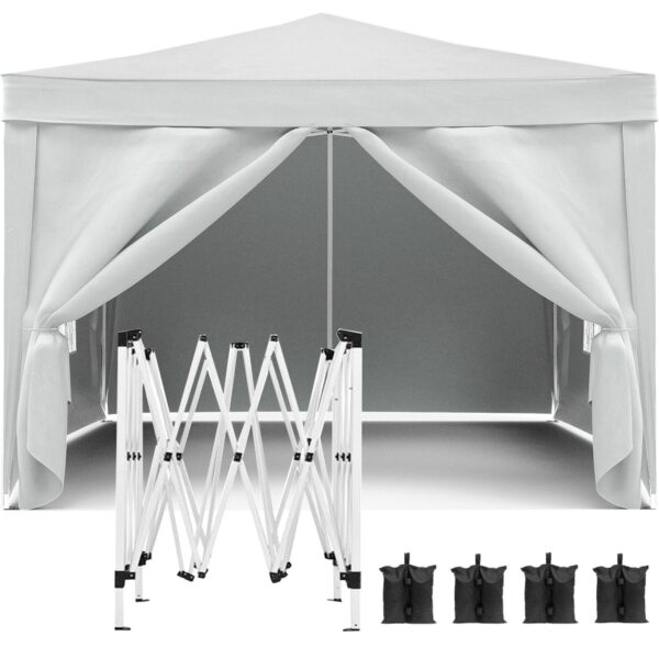 10'X10' Folding Canopy With 4 Removable Sidewalls Outdoor Event Shelter UPF 50+ Gazebo Portable Tents For Parties Beach Camping Wedding Ez Pop Up Canopy 4 Pieces Weight Bag + Carry Bag - White