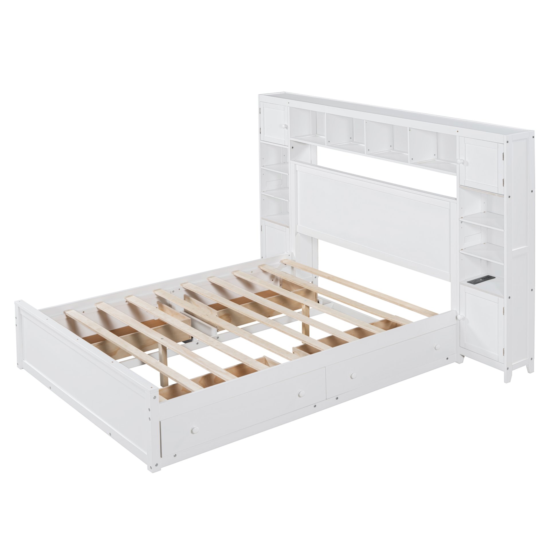 Queen Size Bed With All In One Cabinet, Shelf And Sockets - White - Image 3